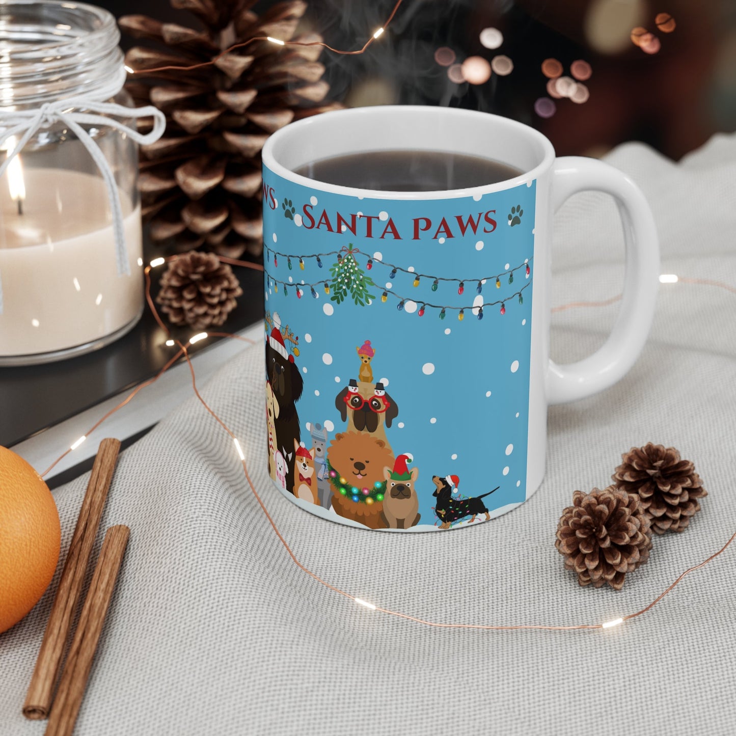 The Woof Pack Collection: 'Santa Paws' Snow & Mistletoe Ceramic Mug